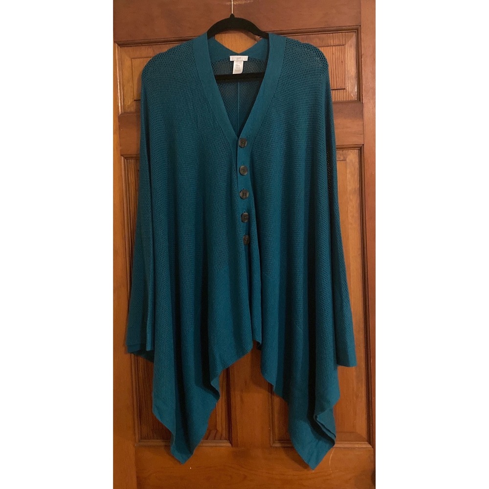 J Jill Cardigan Womens XL-3X Dark Teal Blue Cotton Wool Poncho Handkerchief Hem